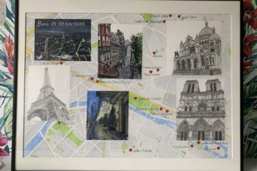 A personalised map of Paris with illustrations of several locations.