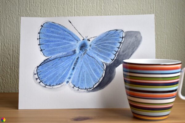 Originele illustratie blauwe vlinder met kopje